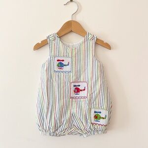 ZUCCINI KIDS EUC Boys Hand Smocked Primary Colors Seersucker Summer Romper